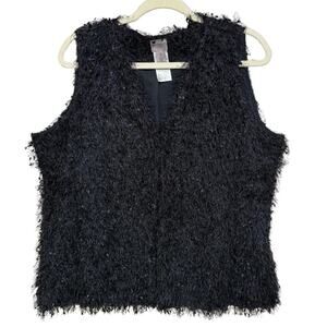 Chico's Black Eyelash Vest Size 3 XL Hook & Eye Close Fluffy Lined